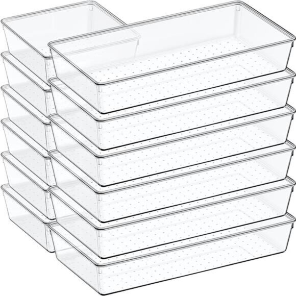 Clear drawer organizer set large plastic storage bins bathroom kitchen desk tray - Picture 1 of 7